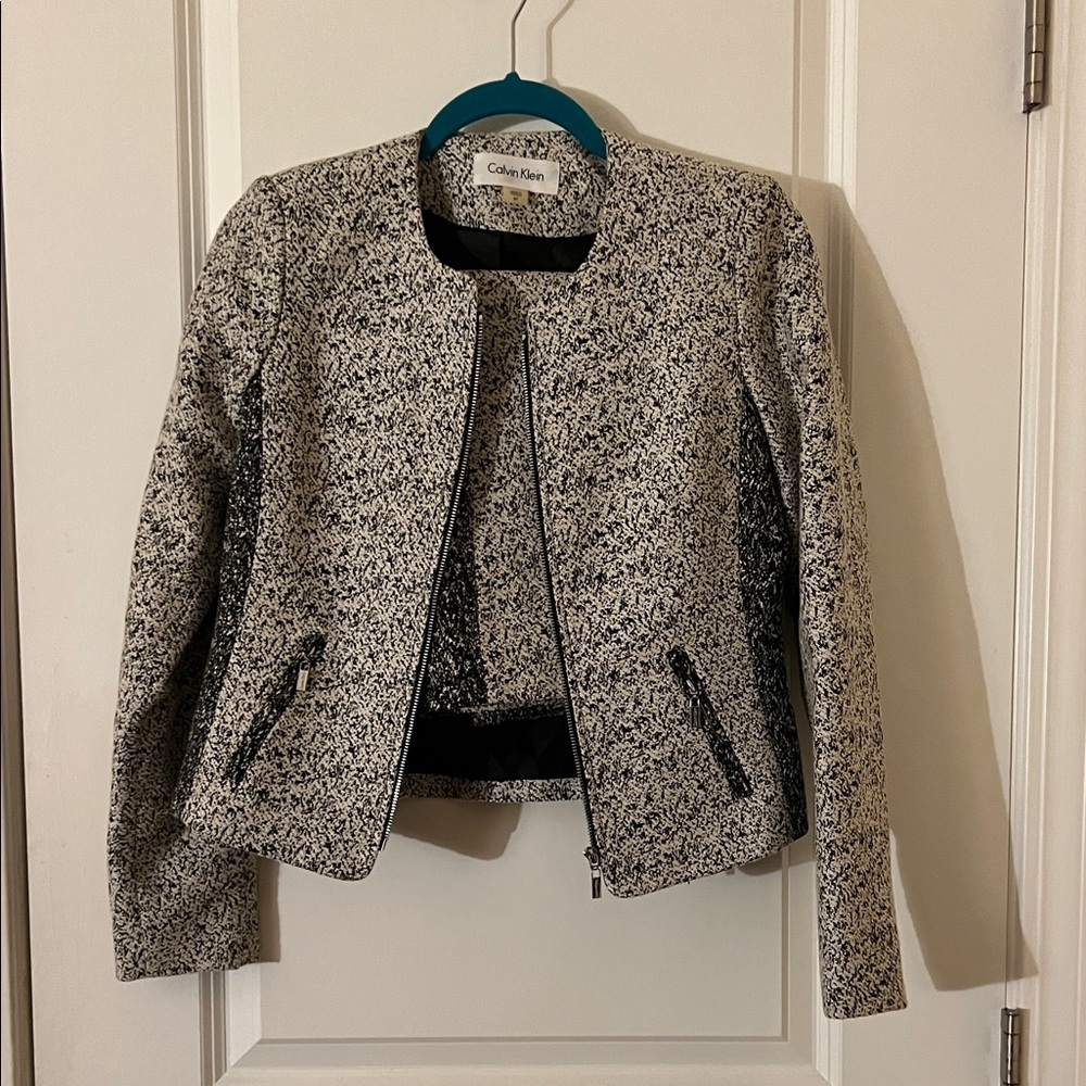 Calvin Klein Black and White Tweed Zip-Front Blazer